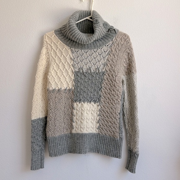 Sundance Lambswool Blend Patchwork Mixed Knit Cowl Neck Button Sweater - Picture 1 of 10